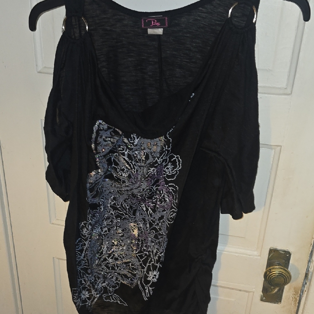 Diva Black Cold-Shoulder Top with Metallic Floral Detail